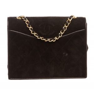 Chanel Black Quilted Suede Leather Trim CC Flap Ba